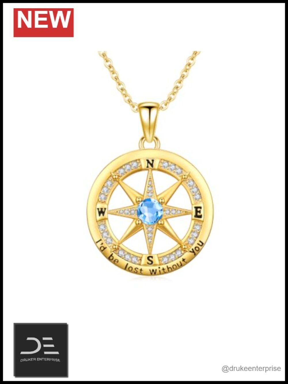 14k Gold Plated Compass Pendant Necklace with 12 Birthstones, 18 Inch Chain